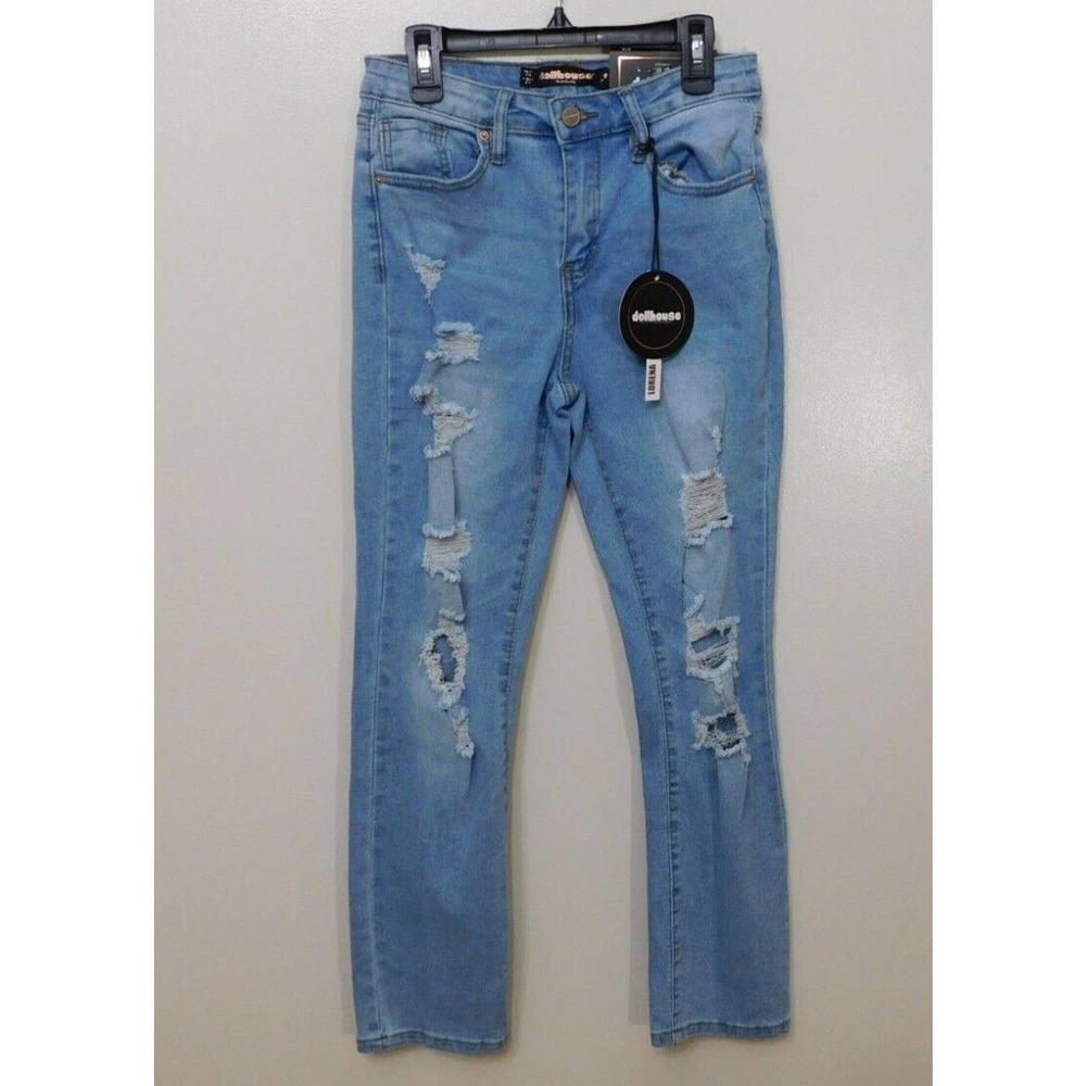 JR493 Dollhouse Blue Juniors' Lorena Ripped Slim Straight-Leg Jeans Size 3